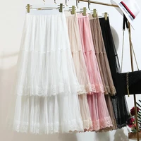 women skirt high quality 2022 new spring summer pleated big hem mesh tulle cake skirt elastic high waist midi long skirt