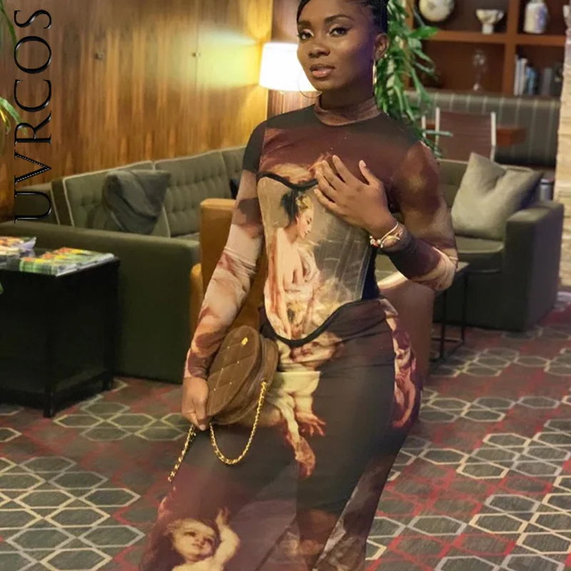 

Women Vintage Fashion Autumn Winter O Neck Long Sleeve Printed Bodycon Slim Pencil Midi Hip Dress 2021 Autumn Clothes Streetwear