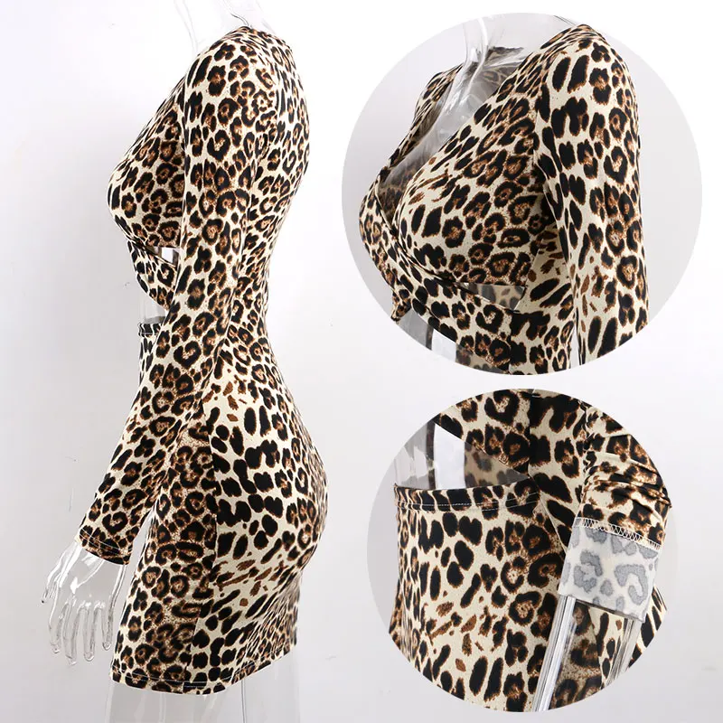 Forefair Sexy Bodycon Leopard Dress Party Club V Neck Cross Trendy High Waist Autumn Winter 2019 Long Sleeve Bandage Women | Женская