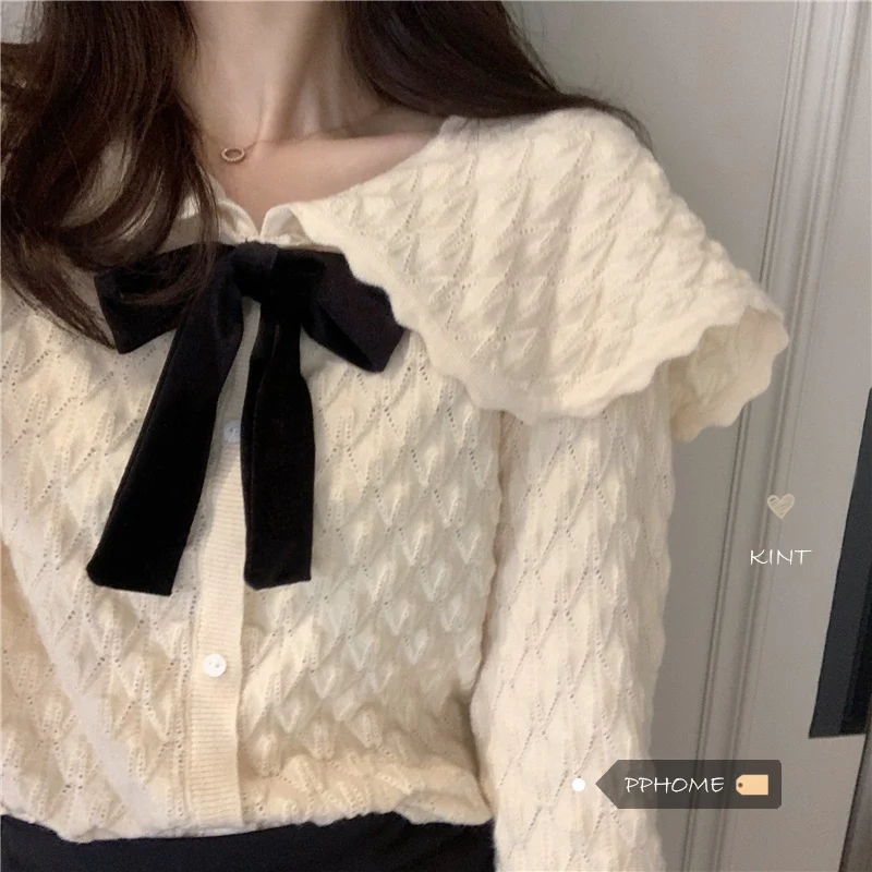 

В Корейском стиле темперамент девушки Вязание рубашки Новинка весны милые с бантом, для куклы воротник со стразами вязаный свитер с длинным...