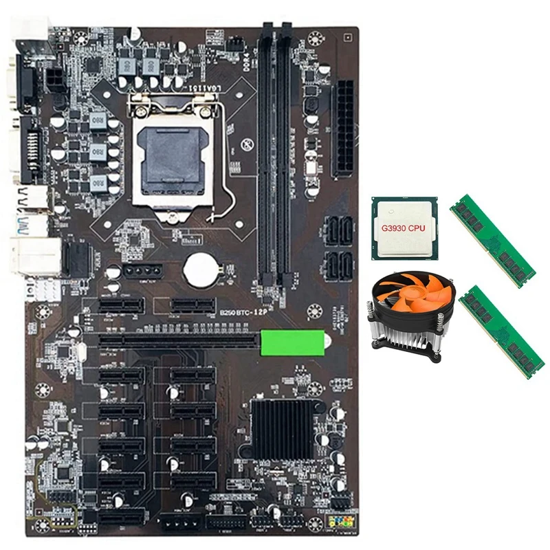 

B250 BTC Mining Motherboard with G3930 CPU+2XDDR4 4GB 2666MHZ RAM +Cooling Fan LGA 1151 12XGraphics Card Slot