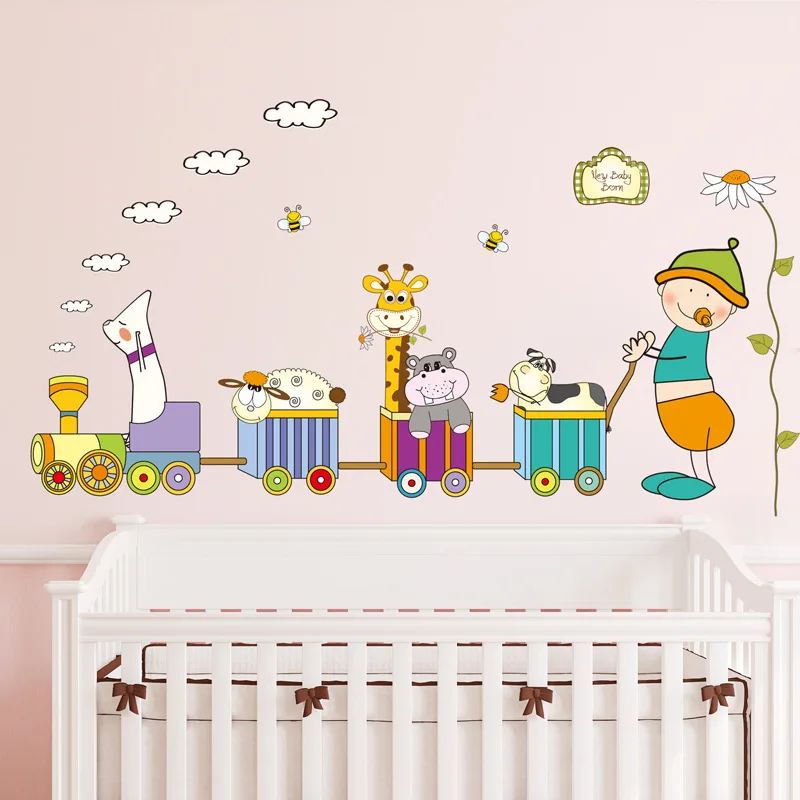 170*90cm Cartoon Animals Train Home Decor for Kids Room Lovley Baby Wall Stickers PVC DIY Vinyl Decals Art Wallpaper | Дом и сад