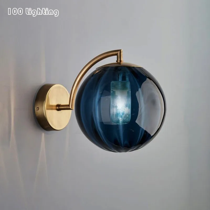 Blue Цветной стеклянный G9 светодиодный настенный светильник для спальни прикроватная гостиная настенная лампа Ванная комната настенное бра для коридора золото металл нордическая лампа Лофт деко - Цвет абажура: Blue