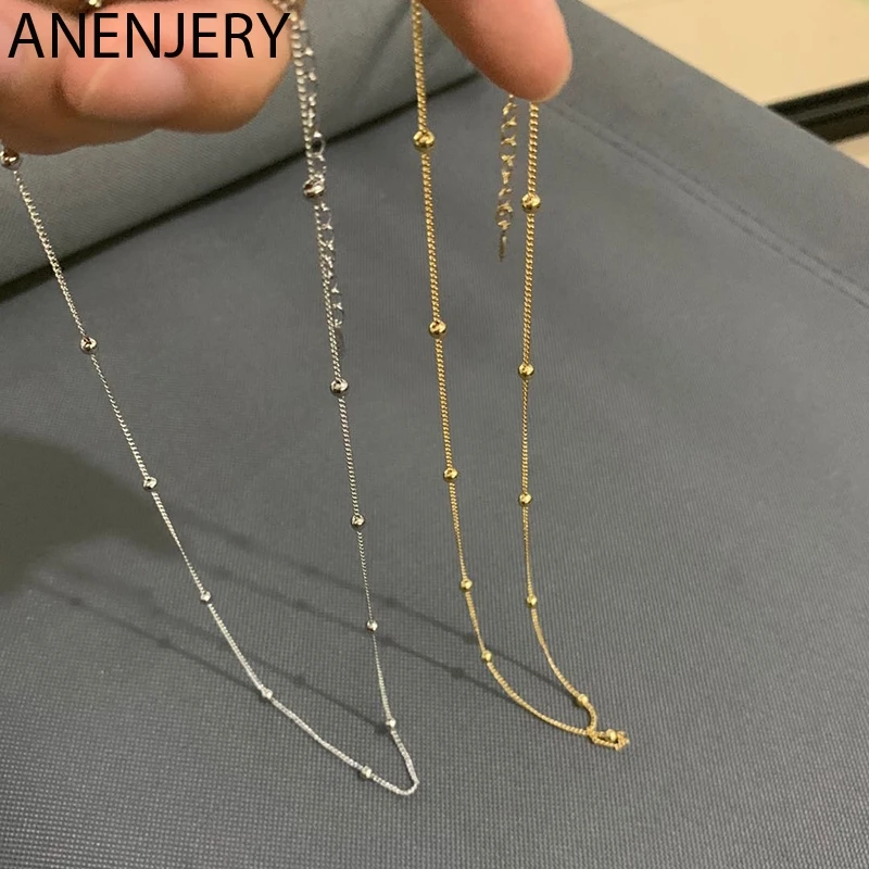 ANENJERY 925 пробы серебряная простая цепочка с золотыми бусинами ожерелье для женщин