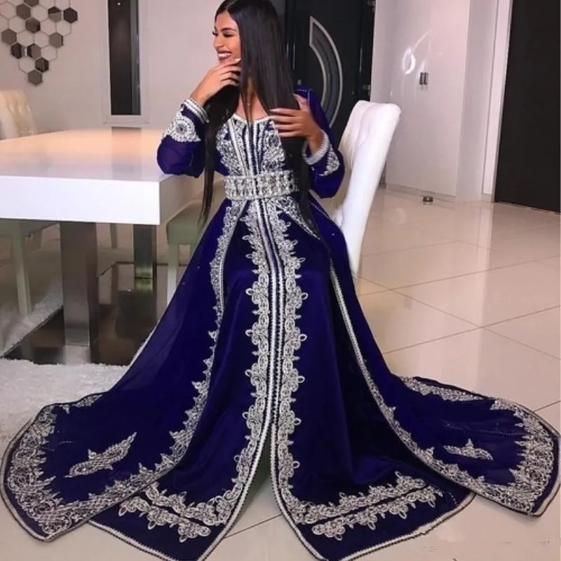 

Blue Muslim Evening Dresses A-line V-neck Long Sleeves Appliques Beaded Moroccan Kaftan Dubai Saudi Arabia Long Prom Dress Gown