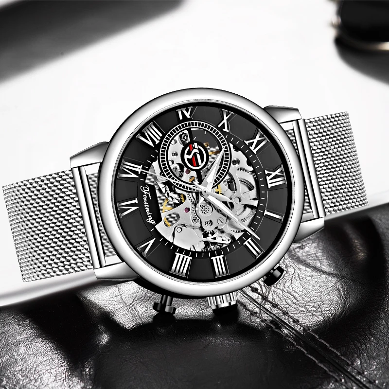 Мода FORSINING серебристый Тонкий чехол унисекс дизайн мужские механические часы с