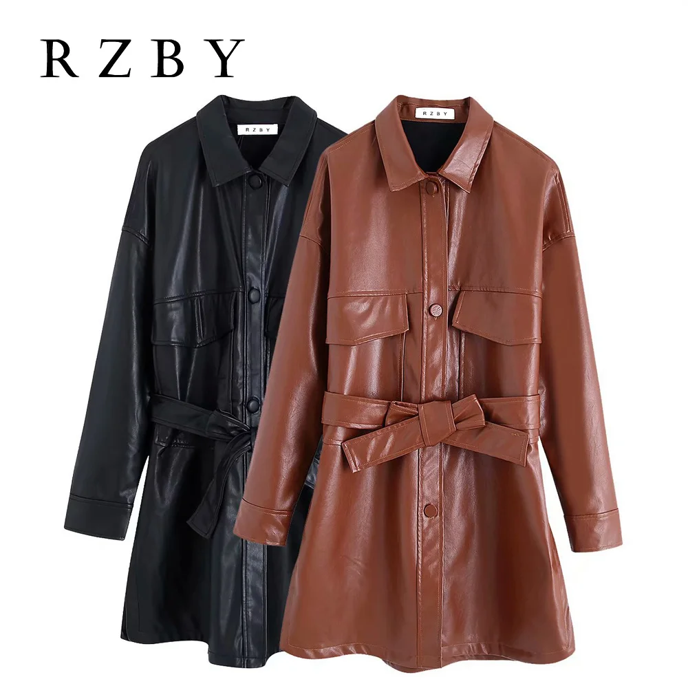 Женский Длинный тренчкот из искусственной кожи черный или коричневый с отложным