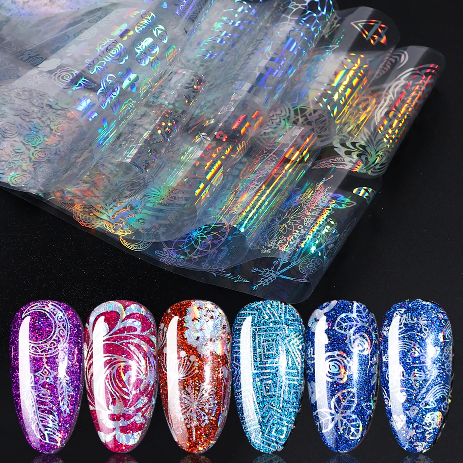 10pc Holographic Foils Nail Transfer Wraps Lace Flower Snowflake Clear Black Adhesive Sticker Set Nail Foil Gradient Tips CH1040
