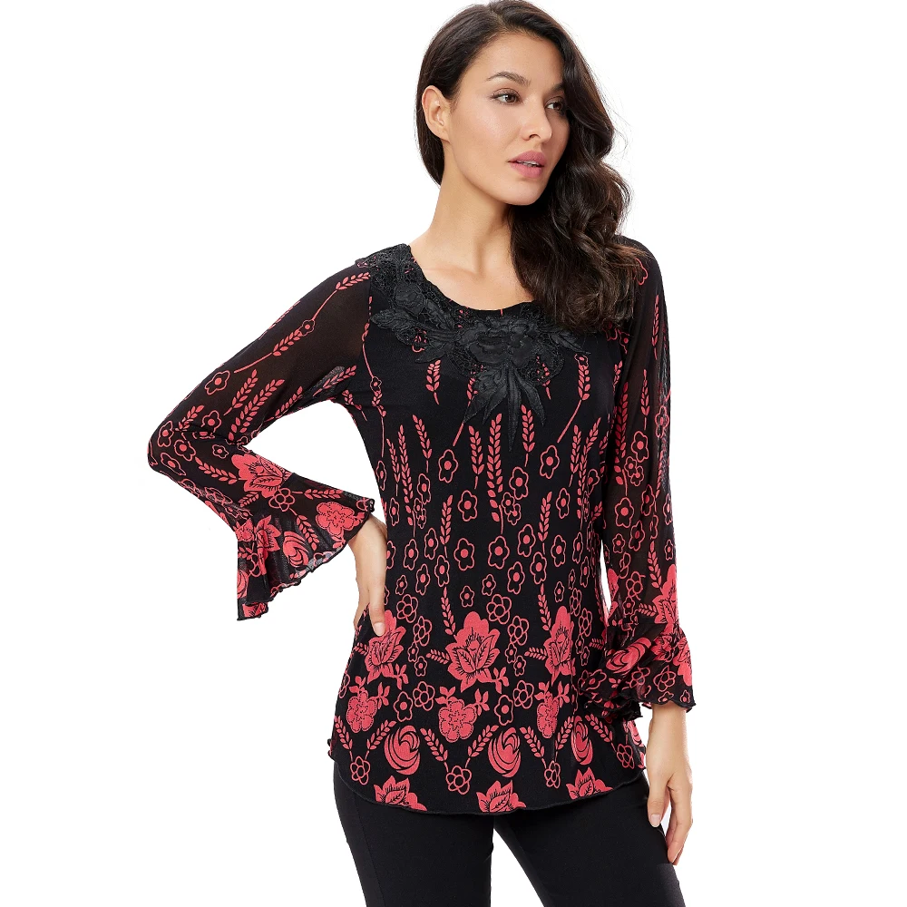 YTL Womens Tops and Blouses Applique Crochet Autumn Long Sleeve Ladies Vintage Floral Print Tunic Shirt 6xl 7xl 8xl H028 |