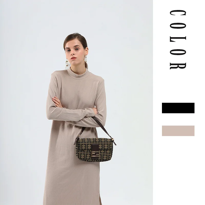 GoWinlin элегантное OL с высоким воротом тонкий длинный свитер женское платье толстая