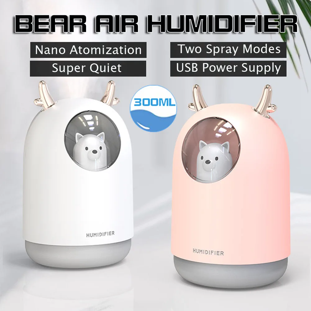 

New Air Humidifier 300ML Cute Bear Ultrasonic USB Aroma Essential room Car LED Night Lamp Air Purifier Mist Maker Air Fresher