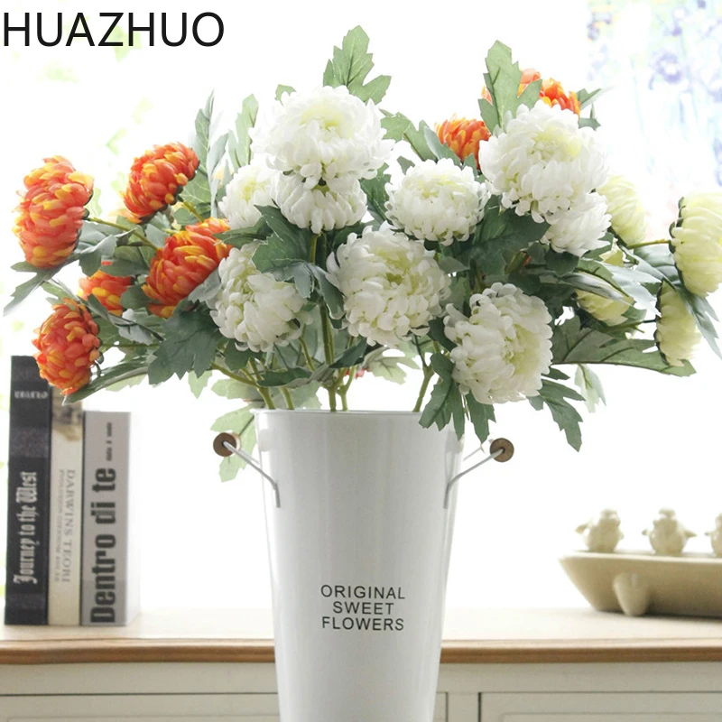 Искусственные хризантемы с 5 головками шелковые цветы Флорес для домашнего сада