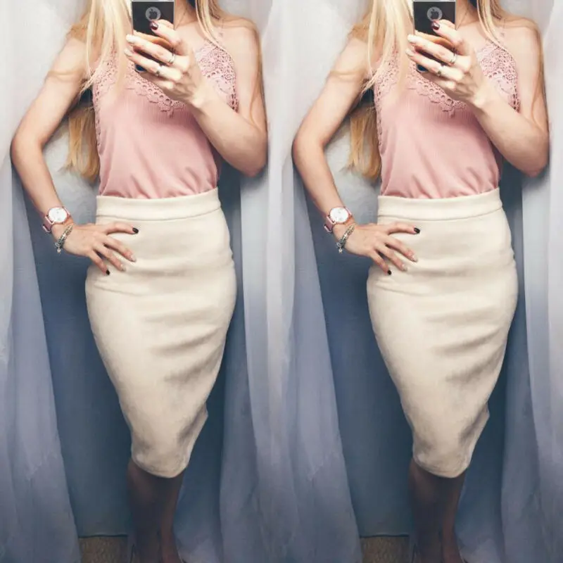 Женская замшевая юбка-карандаш средней длины с высокой талией серого розового