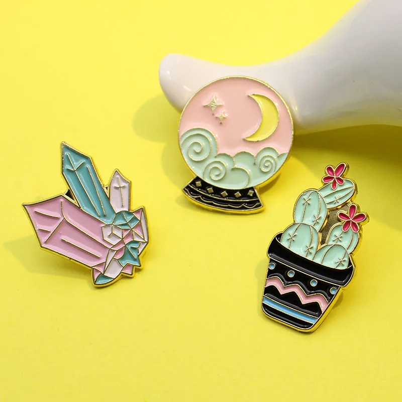 Cactus Succulent plants Enamel Brooch stars moon auspicious clouds Glass ball Lapel Pin Pink blue crystal badge Gifts | Украшения и