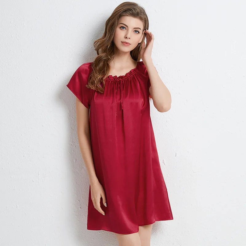 

100% Silk Women's Nightgown Sexy Mini Sleepwear Summer New Lace Intimate Lingerie Loose Thin Short Silk A-line Nightdress