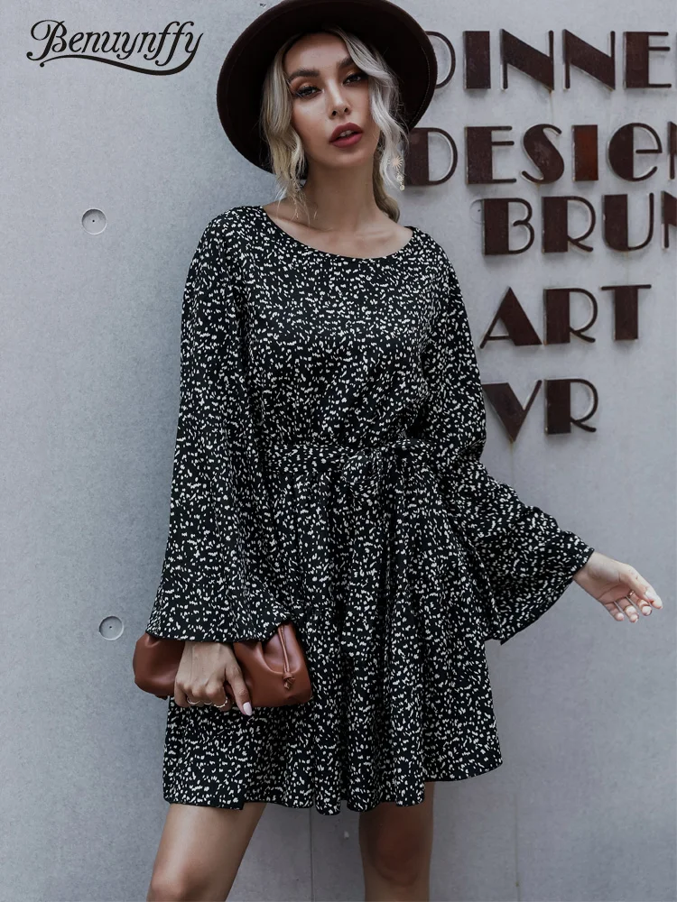 

Benuynffy Round Neck Fashion Belted Ruffle Hem Dress Women New Spring Casual Print Long Sleeve A-line Short Dresses 2022 New