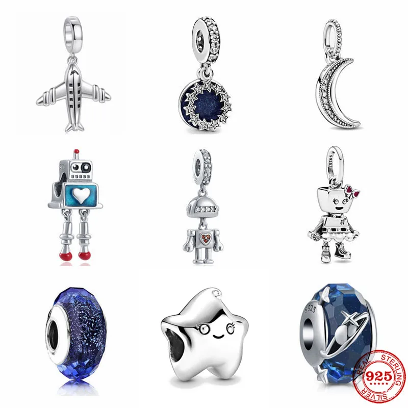 Бусина-Шарм робот-девушка из серебра 925 пробы с Луной и звездами | Украшения