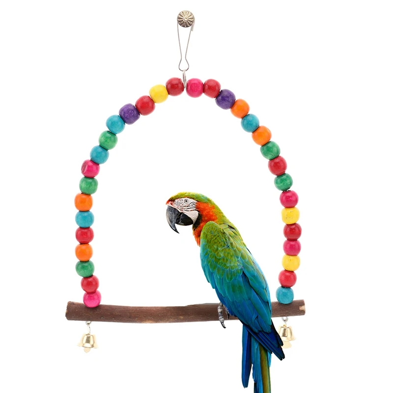

Natural Wooden Parrots Swing Toy Birds Perch Hanging Swings Cage With Colorful Beads Bells Toys Bird Supplies