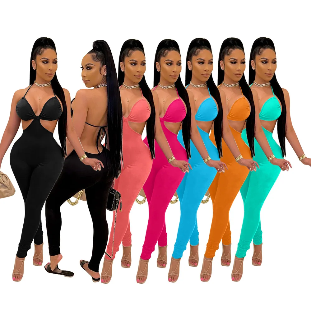 

Sexy Bra Backless Long Jumpsuit Woman Night Party Clubwear Halter Sleevelsess Bodycon Overalls Rompers Summer One Piece Outfit