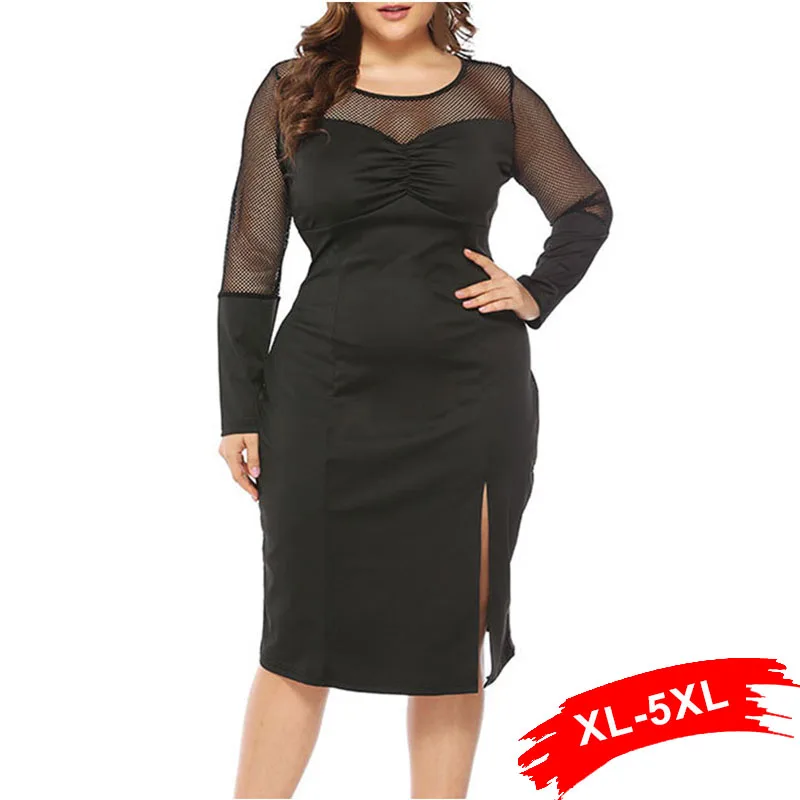 Сексуальное Сетчатое облегающее платье с длинным рукавом и разрезом сбоку