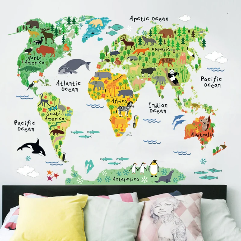 

60*90CM PVC Animal World Map Wall Sticker Rooms Bedroom Decoration Home Decor Living Room Wallpaper Colorful Stickers