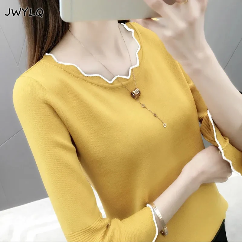 

Elegant O-neck Wavy Edge Hit Color Slim Sweaters New Flared Sleeves Three Quarter Sleeve Thin Loose Plus Size 3xl Pullover Tops