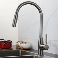 gun grey kitchen sink faucets hot cold solid brass rotating mixer tap pull out spray nozzle single handle deck mounted black