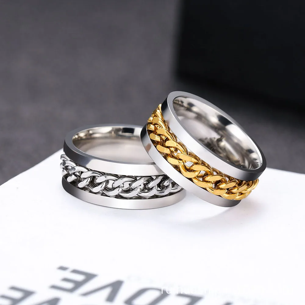 Stainless steel 316L ring men jewelry sliding chain 8mm cool rotating rotatable link punk male Anel League | Украшения и
