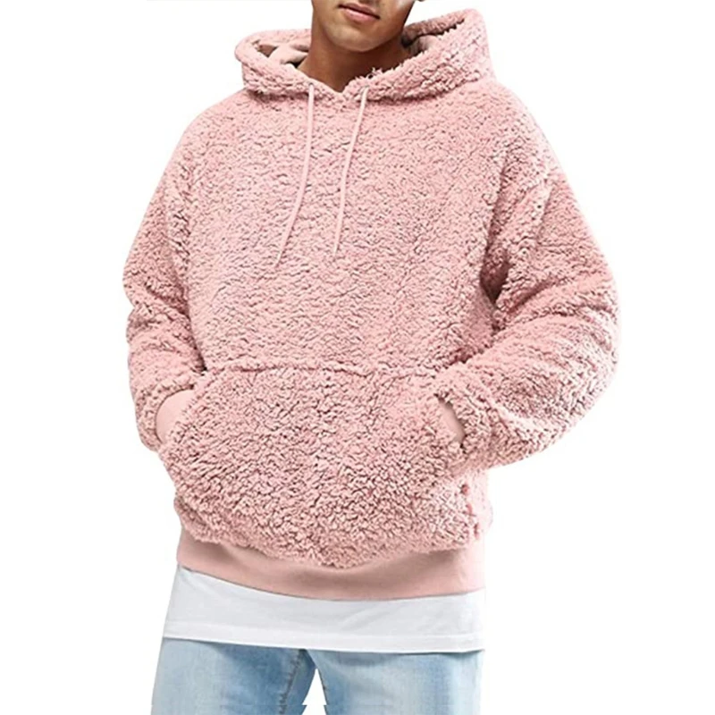 

2021 Men Boys Winter Thicken Plush Long Sleeve Sweatshirt Pullover Drawstring Hoodie Tops with Pocket Fluffy Kangaroo Outwear