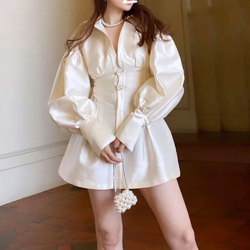 

SeeBeautiful Waist Stitching Loose A-line Dress Lapel Puff Sleeve Single Breasted Women Spring Summer 2022 New Fashion G128