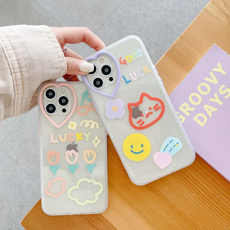 

Cute Cartoon cat Love Heart Lens Phone Case For iPhone 12 Mini 11 Pro Max 7 8 Plus X XS XR SE 20 Girl transparent Soft TPU Cove