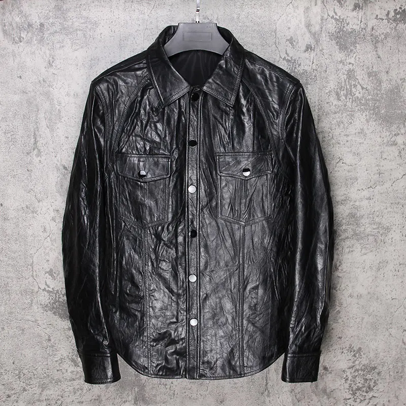 

2020 Black Men Slim Fit Leahter Plus Size XXXL Genuine Thin Sheepskin Russian Spring Single Breasted Natural Shirt