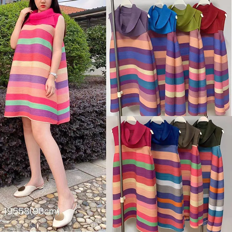 

Sanzhai pleated 2021 summer new high collar sleeveless short dress loose dress