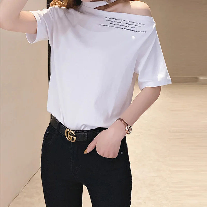 Korean Cotton Tshirt Women T Shirt Short Sleeve Slim Letter Printed Cold Shoulder Hater Crop Top Women Casual Shirt Tees images - 6