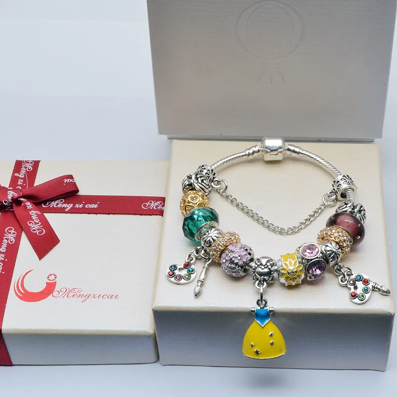 Fit European Pan Anime Princess Dress Charms Bracelet for Women Palette Pendant Flower Beads Bracelets & Bangles Men DIY Jewelry