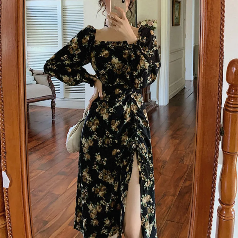 

Elegant Floral Dress Women Long Sleeve Midi Vintage Dress Square Collar French Retro Sexy Party Dress 2021 Spring Korean Style