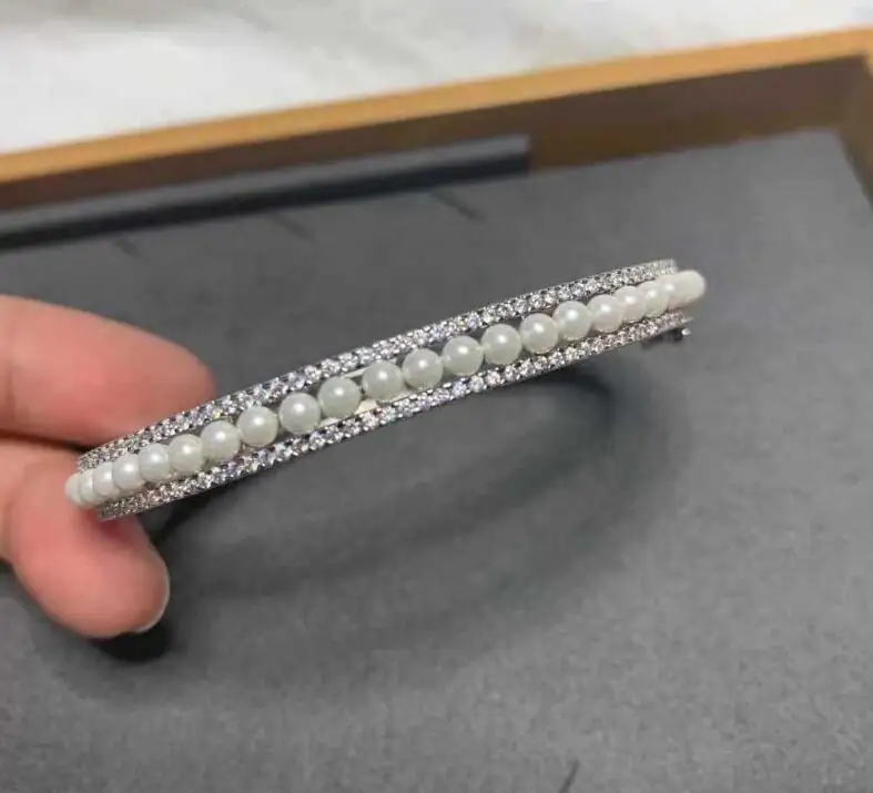 

New French double circle bangle women temperament row rhinestone pearl romantic luxury bracelet