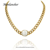 monlansher chunky cuban chain necklace gold color titanium steel imitation pearl pendant necklace vintage necklaces jewelry gift