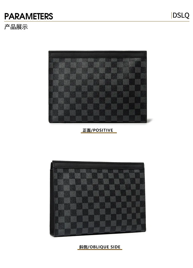 

Fashion Plaid Leather Clutches Bags Men Zipper Business Handbags For Male Waterproof Document Hand Envelope Bag