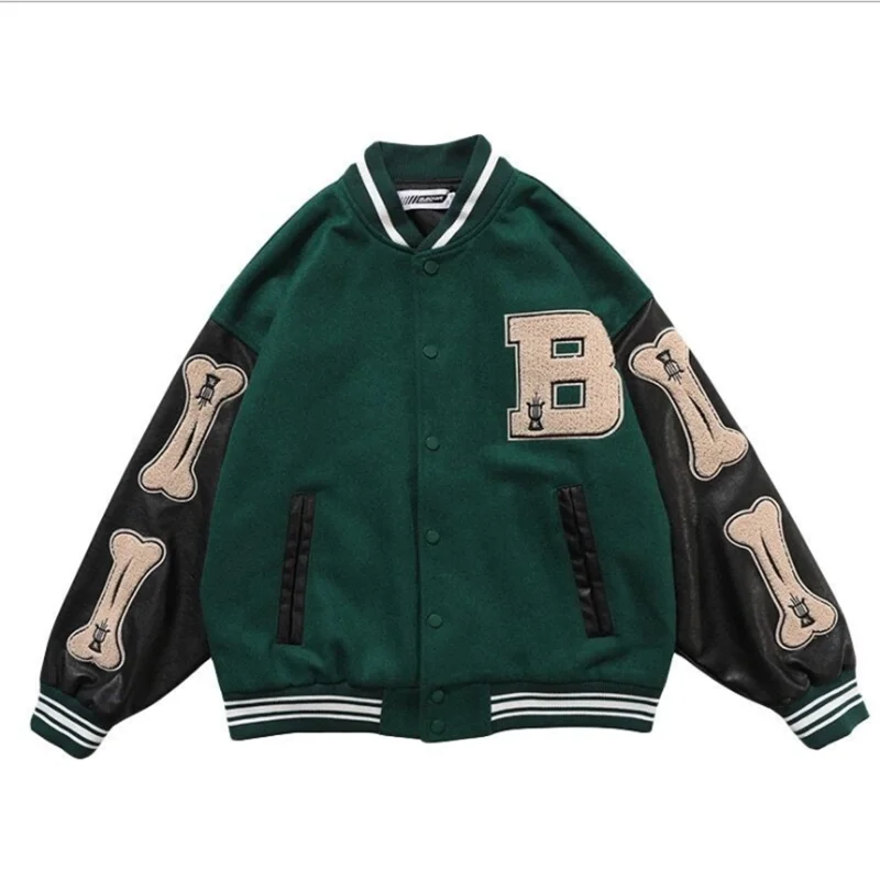 

Hip Hop Streetwear Men Jackets Woolen Vintage Baseball Jacket Furry Bone Patchwork Color Block Harajuku Bomber Unisex Jacket