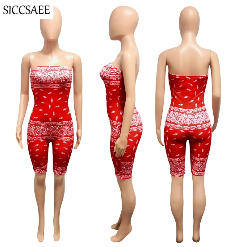 

Floral Printed Strapless Jumpsuits For Women Knee Length Pants Backless Bodycon Bandage Playsuits Tight Vintage Tube Leotard