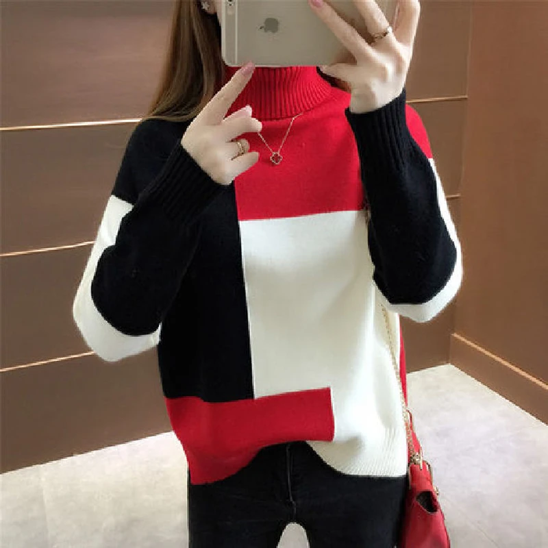 

Patchwork Women Pullover Sweater Autumn Loose O Neck Long Sleeve Knitted Thick Korean Fashion Female Jumper Sweater Top