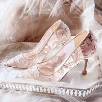 koovan womens pumps high heels female wedding shoes new bride 2021 trend single shoes pretty lace net women pump