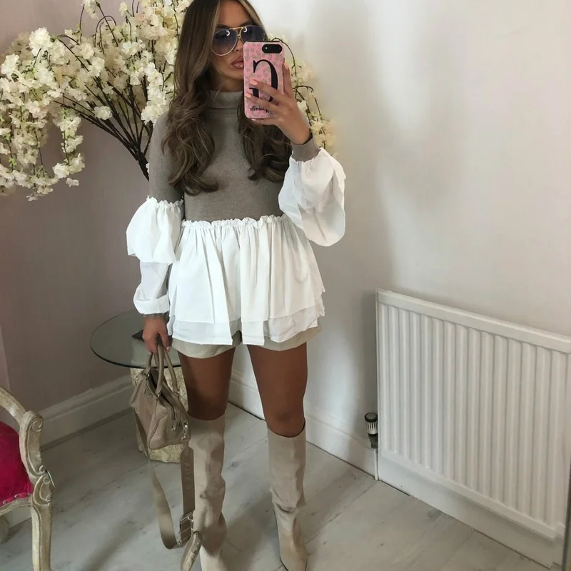 

Knitted Tops Elegant and Fashionable High-neck Long-sleeved Ruffled Trim Patchwork Knitted Pullovers Autumn Chic Ladies Tops