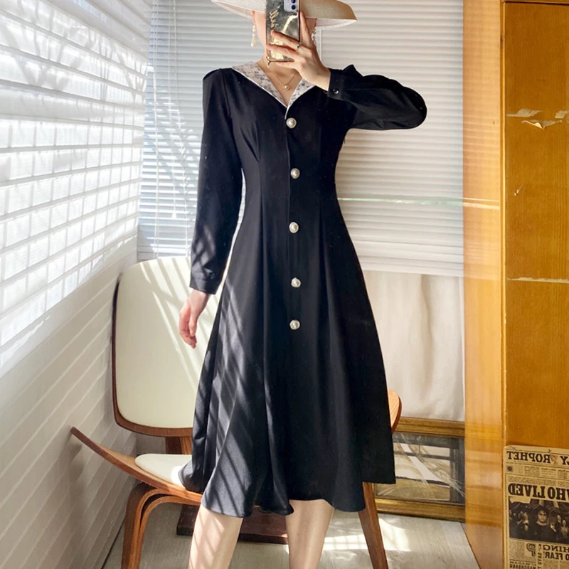 

Женское винтажное кружевное платье-рубашка средней длины, с отложным воротником и длинным рукавом