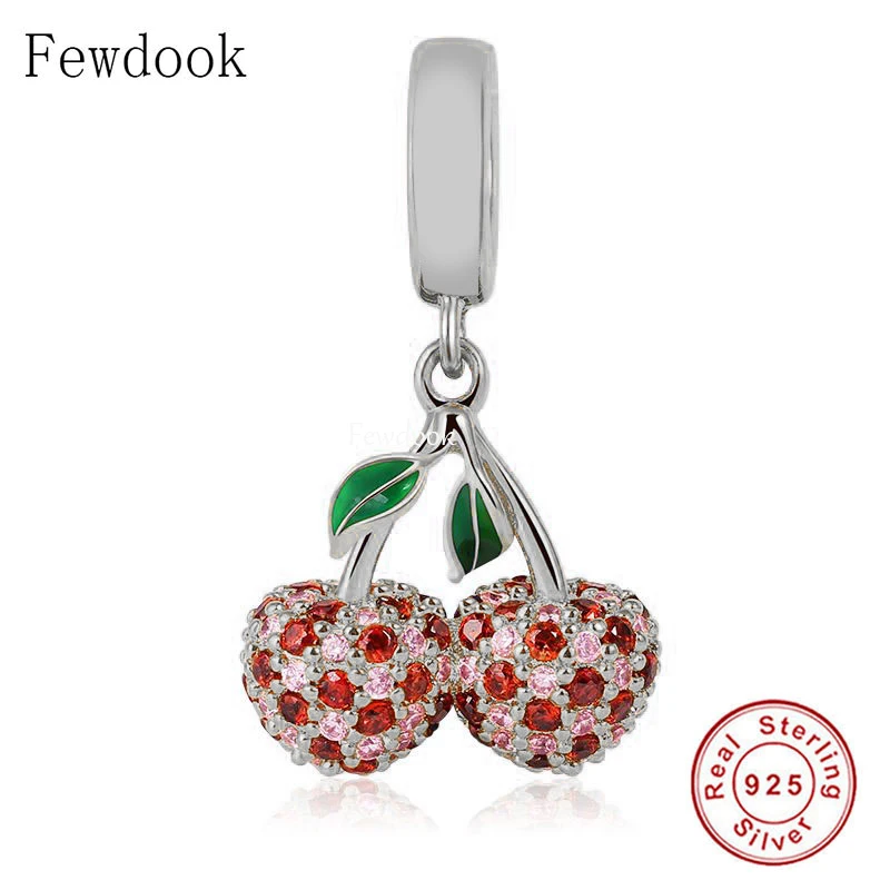 

Подходящий оригинальный Шарм-браслет из настоящего серебра 925 пробы с фруктами, вишневым зеленым листом, полностью циркониевая бусина для и...