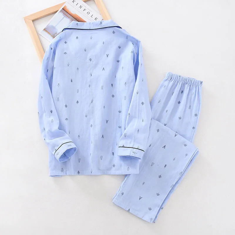 Spring And Summer New Men's Pajamas Set Solid Color Simple Style Sapling Printed Turn-down Collar Sleepwear Men Loose Homewar