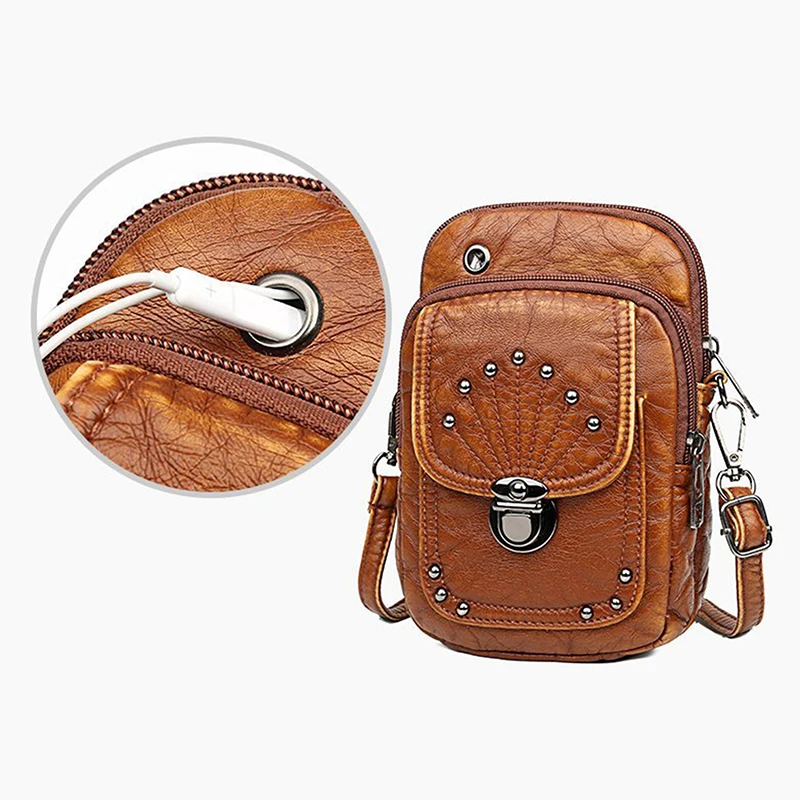 

2021 New Soft Leather Messenger Bag Women Mobile Phone Bag Rivet Mortise Lock Black Washed Leather Diagonal Vertical Lady Bags