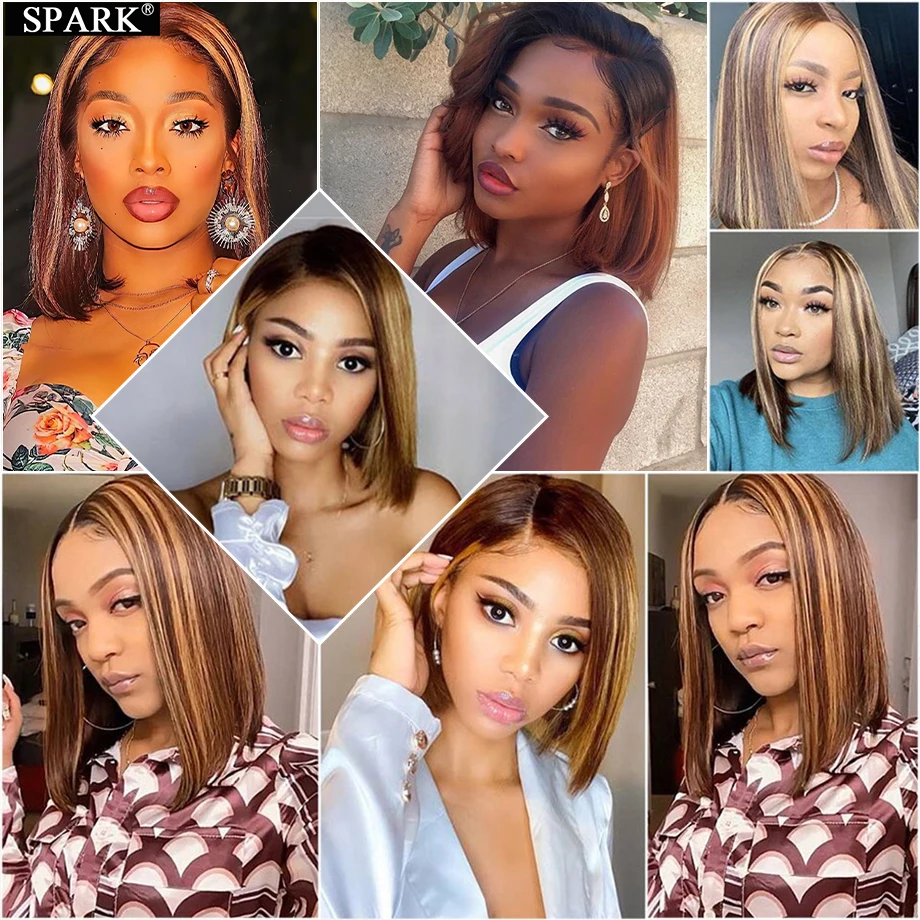 

SPARK Ombre 1B/30 Bob Peruvian Straight Highlight Lace Frontal Short Bob Wig T Part Remy 4x4 hd Lace Closure Human Hair Wigs