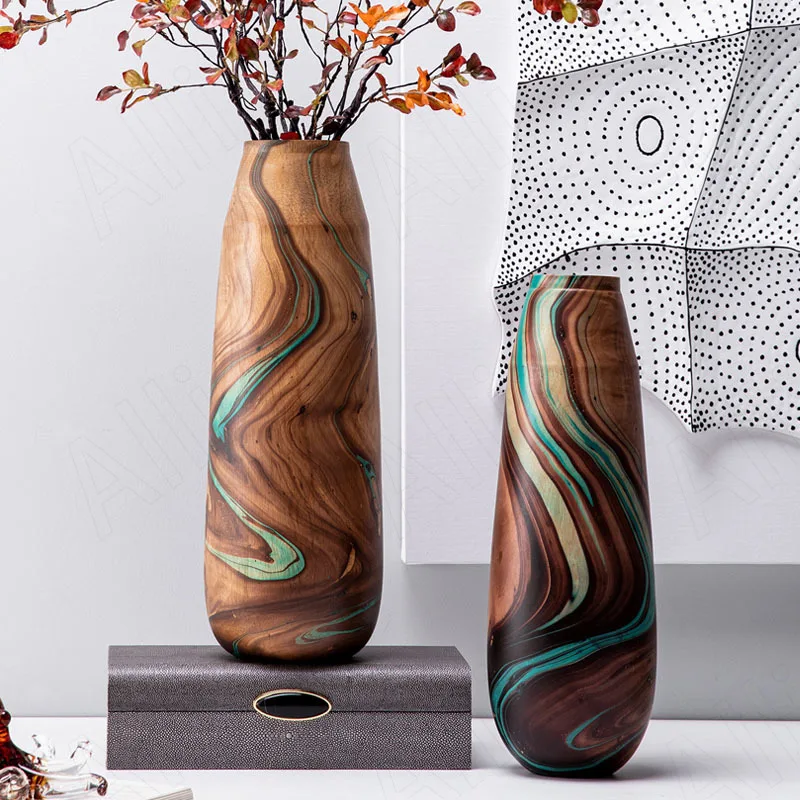 

Retro Solid Wood Vase Bedroom Bedside Manual Painted Fresh Flowers Organizer Creativity Color Matching Art Flower Vases